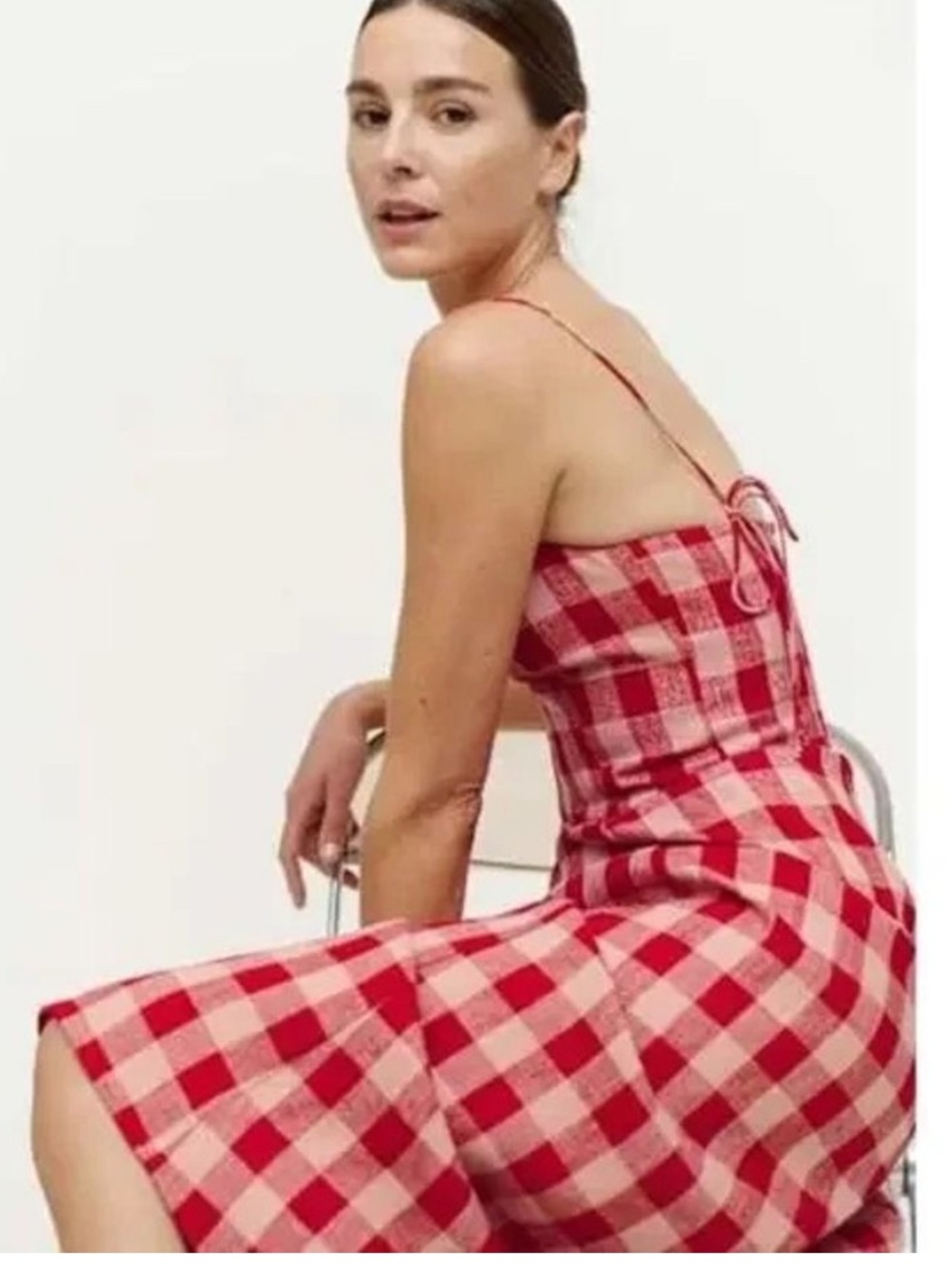 Reformation Christen midi dress size 4 red pink gingham linen - Picture 3 of 9